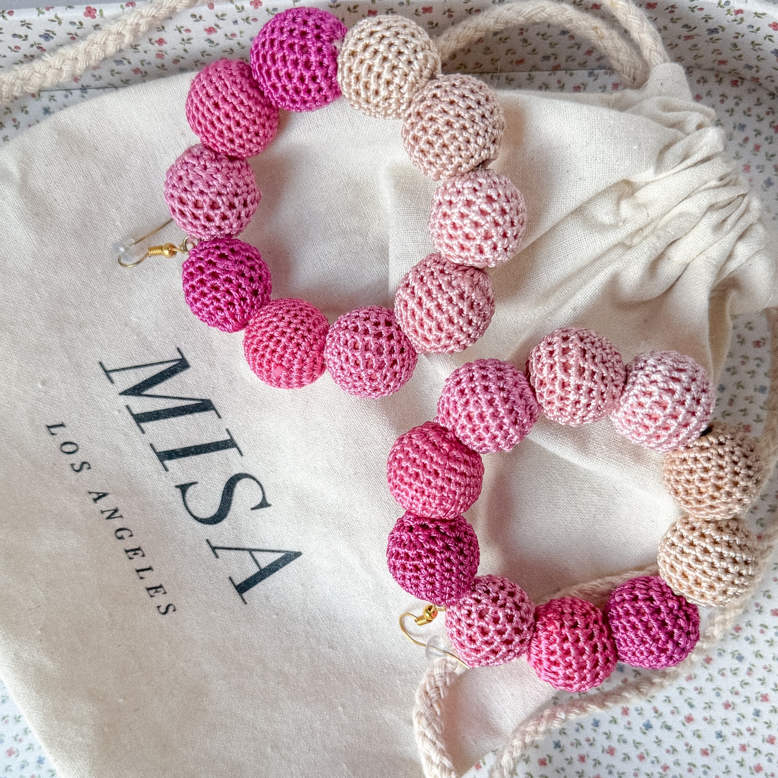 Misa Los Angeles Pink Tan Ombr Crochet Dots Drop Earrings Gift Nwot
